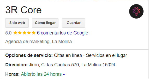 Ficha de 3R Core en Google Business Profile, con su dirección en La Molina y su horario