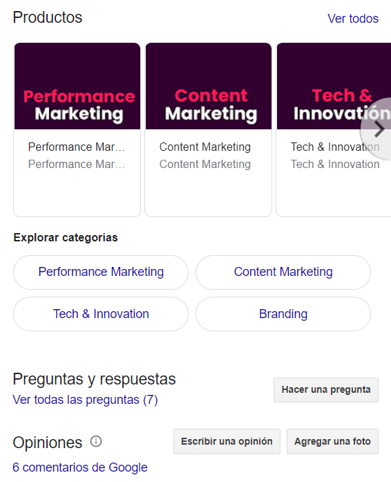 Sección de productos, categorías y preguntas de la ficha de 3R Core en Google Business Profile