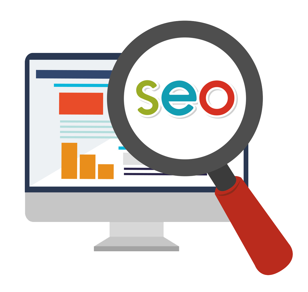 Lupa que amplía la palabra SEO sobre la pantalla de un ordenador con gráficas